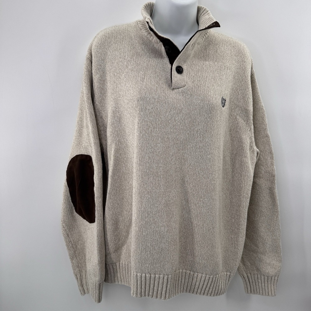 Chaps Ralph Lauren Sweater Men XL Oatmeal Brown Henley ElbowPatch 90s Ivy League